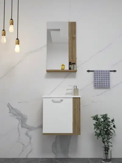 Tina Bathroom Bottom Washbasin Cabinet with Wall Mirror & Single Ceramic Sink - Walnut & Whi