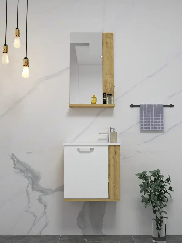 Tina Bathroom Bottom Washbasin Cabinet with Wall Mirror & Single Ceramic Sink - Oak & White