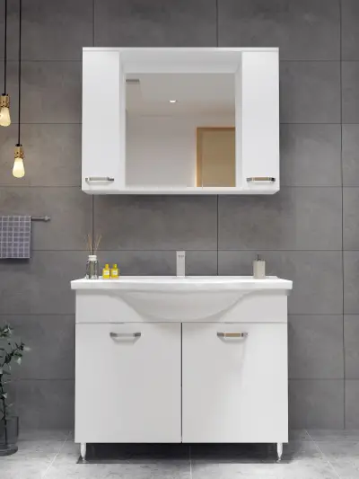 Vera Bathroom Top-Bottom Washbasin Cabinet with Mirror, Sink & Side Cabinet Set - White