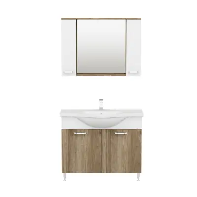 Vera Bathroom Top-Bottom Washbasin Cabinet Mirror, Sink & Side Cabinet Set - Walnut & White