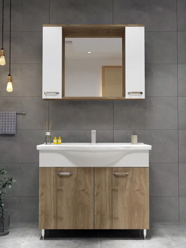 Vera Bathroom Top-Bottom Washbasin Cabinet Mirror, Sink & Side Cabinet Set - Walnut & White