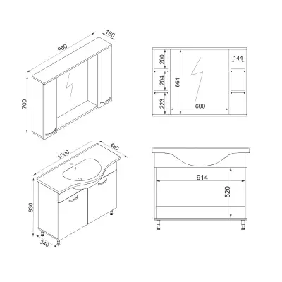 Vera Bathroom Top-Bottom Washbasin Cabinet with Mirror, Sink & Side Cabinet Set - White