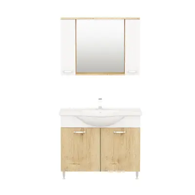 Vera Bathroom Top-Bottom Washbasin Cabinet with Mirror, Sink & Side Cabinet Set - Oak & Whit