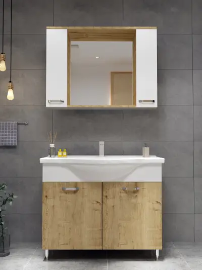 Vera Bathroom Top-Bottom Washbasin Cabinet with Mirror, Sink & Side Cabinet Set - Oak & Whit