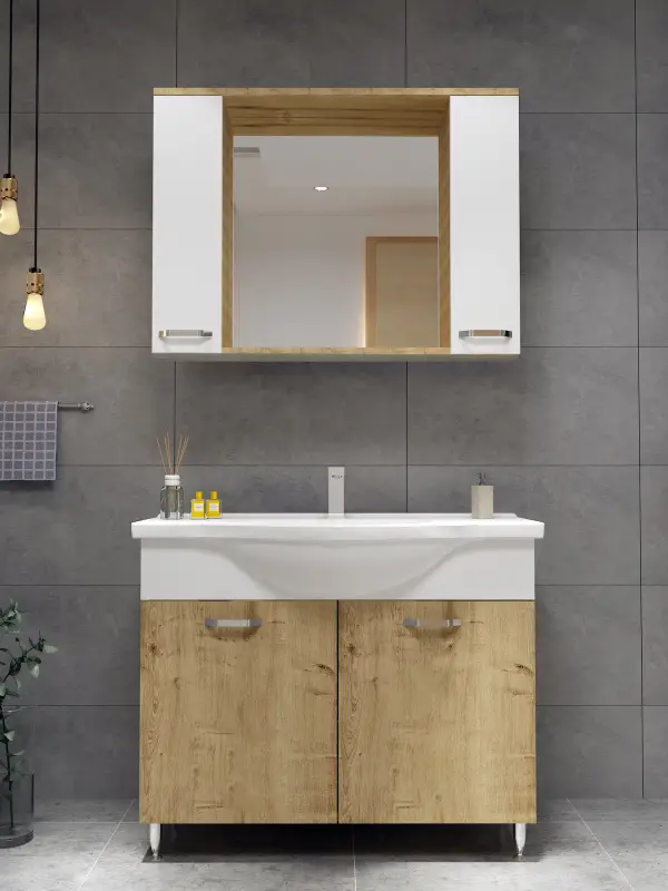 Vera Bathroom Top-Bottom Washbasin Cabinet with Mirror, Sink & Side Cabinet Set - Oak & White