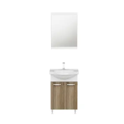 Vera Bathroom Top-Bottom Washbasin Cabinet Mirror, Sink & Side Cabinet Set - Walnut & White