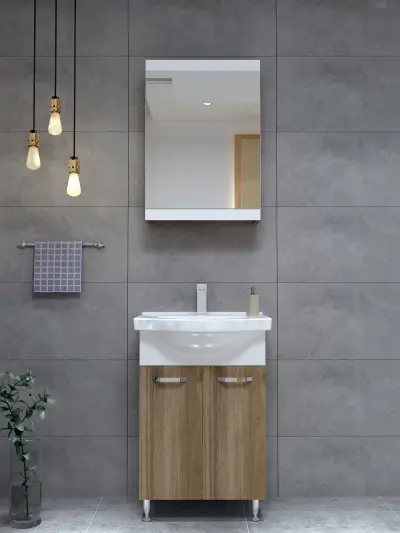 Vera Bathroom Top-Bottom Washbasin Cabinet Mirror, Sink & Side Cabinet Set - Walnut & White