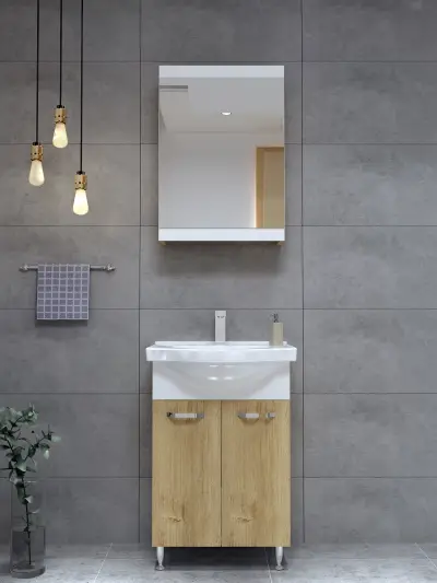 Vera Bathroom Top-Bottom Washbasin Cabinet with Mirror, Sink & Side Cabinet Set - Oak & Whit