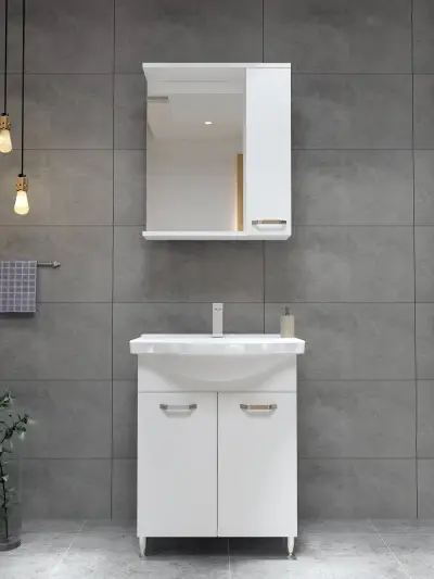 Vera Bathroom Top-Bottom Washbasin Cabinet with Mirror, Sink & Side Cabinet Set - White