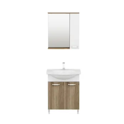 Vera Bathroom Top-Bottom Washbasin Cabinet Mirror, Sink & Side Cabinet Set - Walnut & White