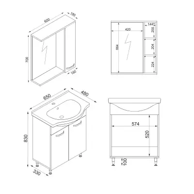 Vera Bathroom Top-Bottom Washbasin Cabinet with Mirror, Sink & Side Cabinet Set - White