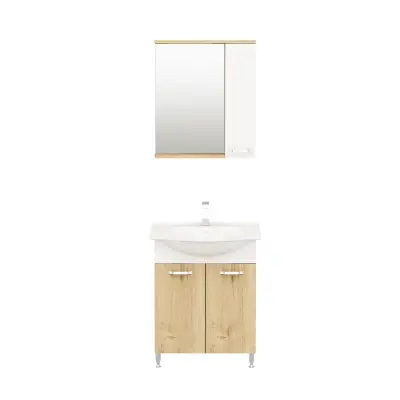 Vera Bathroom Top-Bottom Washbasin Cabinet with Mirror, Sink & Side Cabinet Set - Oak & Whit