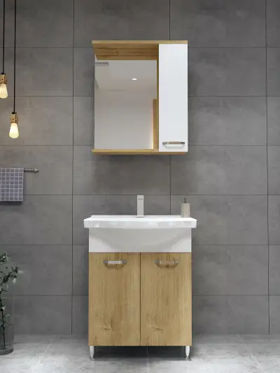 Vera Bathroom Top-Bottom Washbasin Cabinet with Mirror, Sink & Side Cabinet Set - Oak & Whit