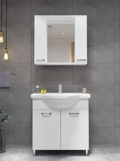 Vera Bathroom Top-Bottom Washbasin Cabinet with Mirror, Sink & Side Cabinet Set - White