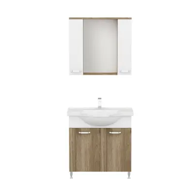 Vera Bathroom Top-Bottom Washbasin Cabinet Mirror, Sink & Side Cabinet Set - Walnut & White