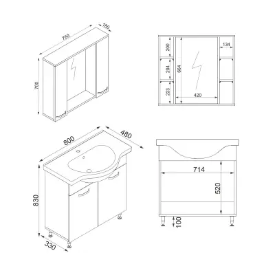 Vera Bathroom Top-Bottom Washbasin Cabinet with Mirror, Sink & Side Cabinet Set - White