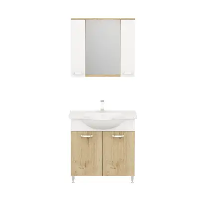 Vera Bathroom Top-Bottom Washbasin Cabinet with Mirror, Sink & Side Cabinet Set - Oak & Whit