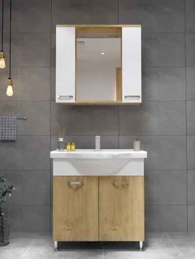 Vera Bathroom Top-Bottom Washbasin Cabinet with Mirror, Sink & Side Cabinet Set - Oak & Whit