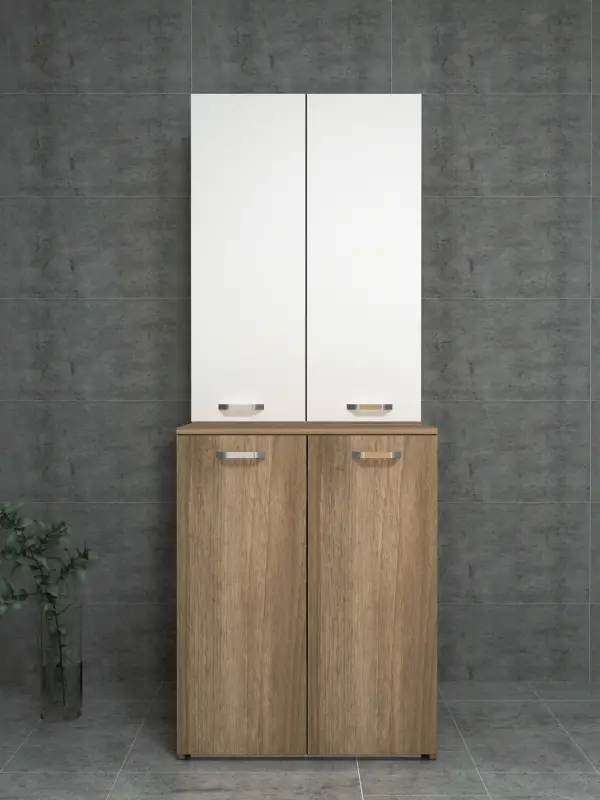 Vera Top-Bottom Washing Machine Cabinet with Side High Cabinet - Walnut & White