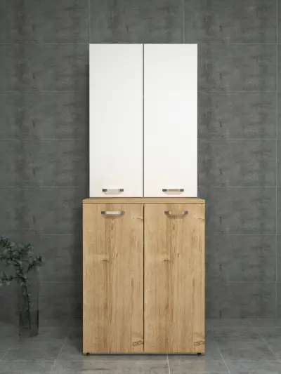 Vera Top-Bottom Washing Machine Cabinet with Side High Cabinet - Oak & White