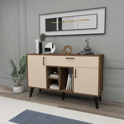 Timo Sideboard with Cabinets and Shelves - Light Walnut & Beige