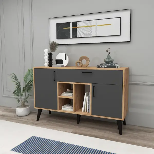 Timo Sideboard with Cabinets and Shelves - Atlantic Pine & Anthracite