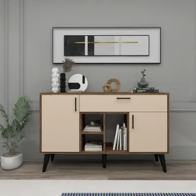 Timo Sideboard with Cabinets and Shelves - Light Walnut & Beige