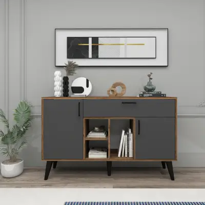 Timo Sideboard with Cabinets and Shelves - Light Walnut & Anthracite